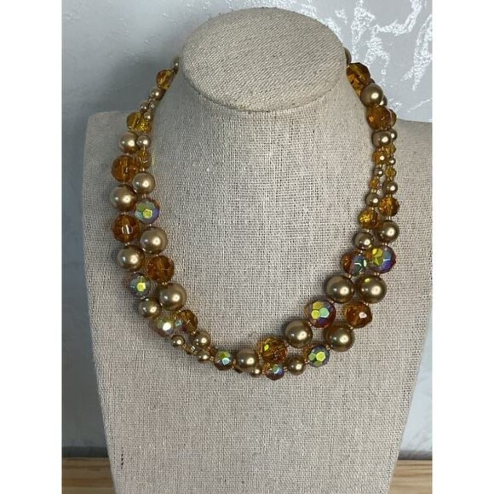 Vintage Gold & Amber Multi-Strand Beaded Necklace With Faceted Crystal Accents